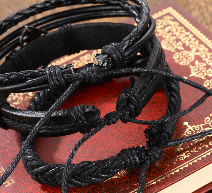 Set 4 bratari din piele ecologica, obsidian si aliaj metalic, GMO, Vintage Black Superman, ajustabile [5]