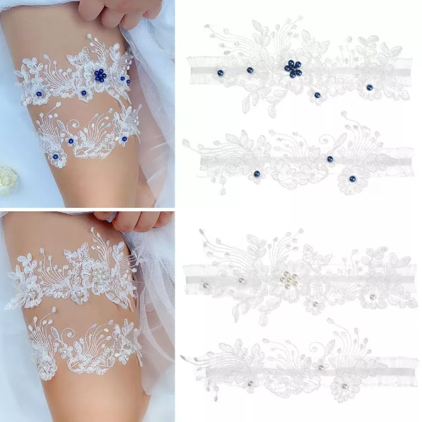 Set 2 jartiere pentru femei, model broderie, CRM, 48-70 cm, alb-albastru [4]