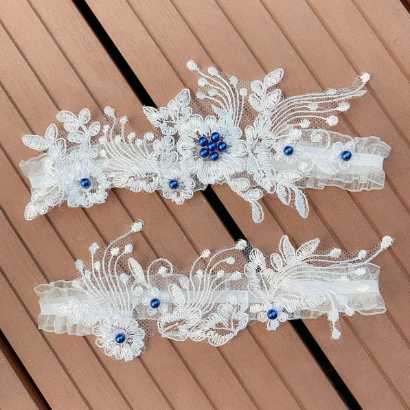 Set 2 jartiere pentru femei, model broderie, CRM, 48-70 cm, alb-albastru [5]