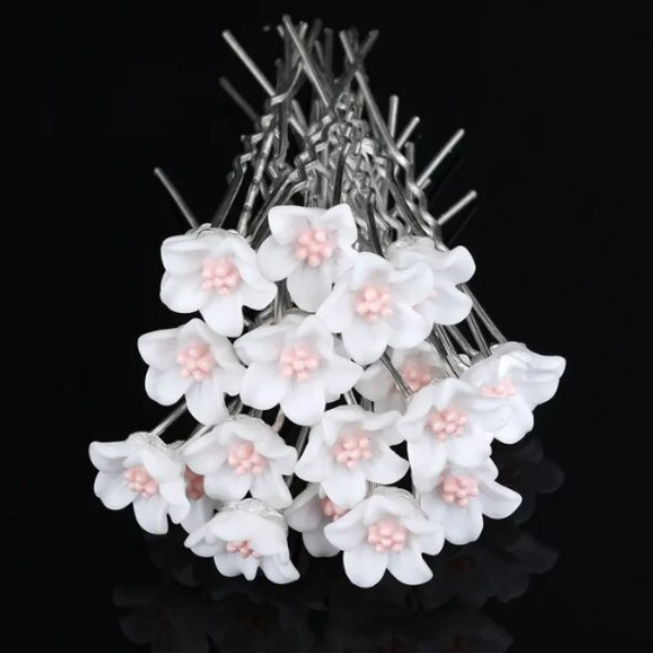 Set 20 Ace pentru par, CRM, model floare, decoratiuni elegante, alb/argintiu [3]