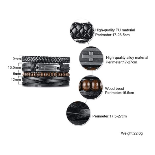 Set 4 Brățări Bărbați, Piele Ecologică, CRM, Ajustabile, Negre [5]