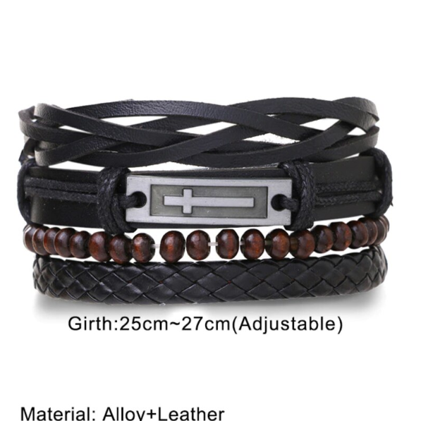 Set 4 Brățări Bărbați, Piele Ecologică, CRM, Ajustabile, Negre [4]