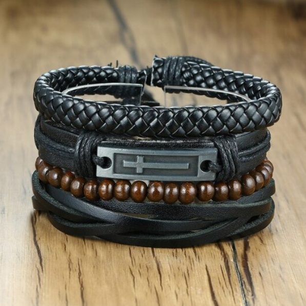 Set 4 Brățări Bărbați, Piele Ecologică, CRM, Ajustabile, Negre [3]