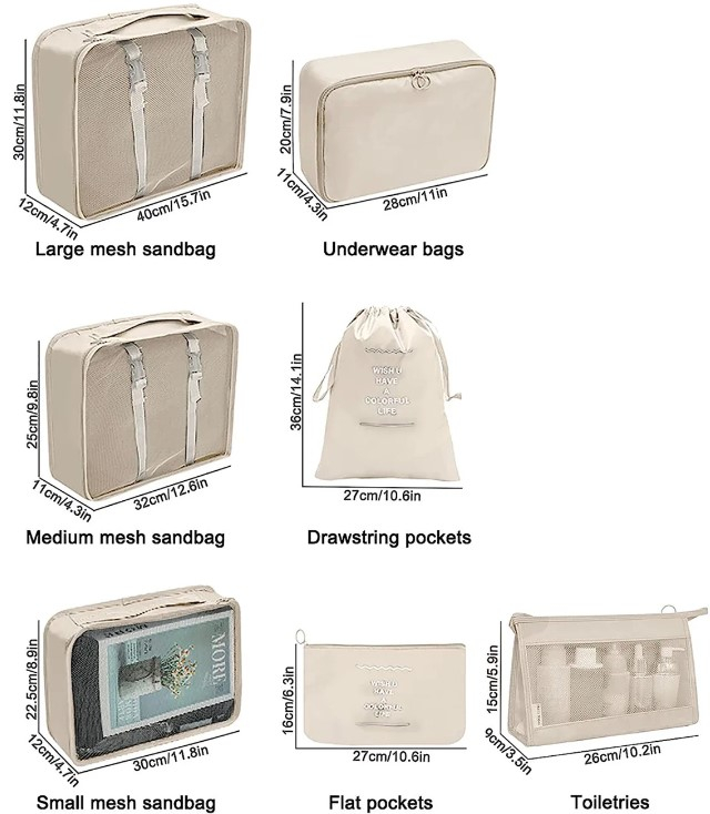 Set 7 genti organizatoare pentru calatorii, EVNC, Travel Storage Bag, marimi diverse, bej [2]