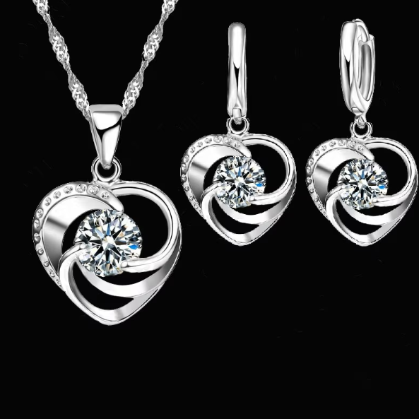 Set Bijuterii Dama, CRM, Colier si Cercei Inima cu Cristal, Argintiu [2]