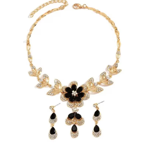 Set bijuterii damă elegant, CRM, colier și cercei Crystal, auriu cu detalii negre, ideal pentru seară și evenimente speciale [4]