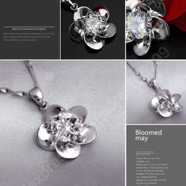 Set bijuterii damă elegant, CRM, colier și cercei floare cu cristale strălucitoare, argintiu [2]