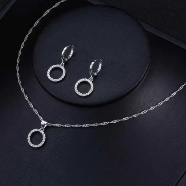 Set Bijuterii Elegant, CRM, Colier si Cercei Cerc, Argintiu [3]