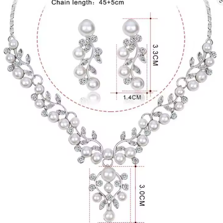 Set bijuterii elegant pentru ocazii speciale, CRM, cu perle artificiale si strasuri, colier si cercei, argintiu [2]