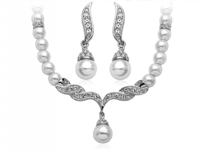 Set colier si cercei, argintiu, cu perle si pietre, EVNC, Shiny Pearls [1]