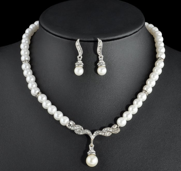 Set colier si cercei, argintiu, cu perle si pietre, EVNC, Shiny Pearls [3]