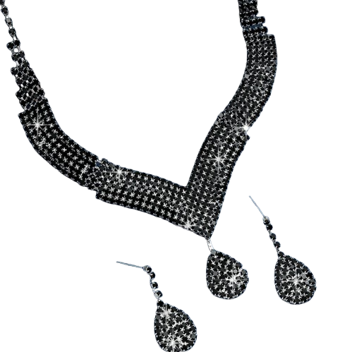 Set colier si cercei dama, CRM, cristale negre, model V cu pandantiv lacrima, elegant, pentru evenimente [4]