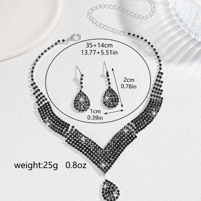 Set colier si cercei dama, CRM, cristale negre, model V cu pandantiv lacrima, elegant, pentru evenimente [3]
