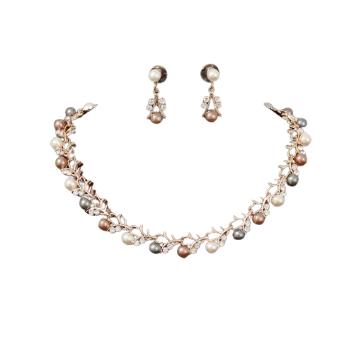 Set Colier si Cercei Dama, Model Floral cu Perle Multicolore, Auriu, Elegant, pentru Evenimente [2]