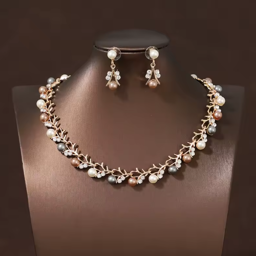 Set Colier si Cercei Dama, Model Floral cu Perle Multicolore, Auriu, Elegant, pentru Evenimente [1]