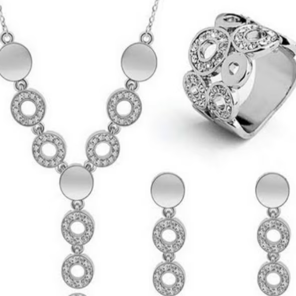 Set de bijuterii pentru fete, CRM, colier cu cercei si inel, argintiu [4]