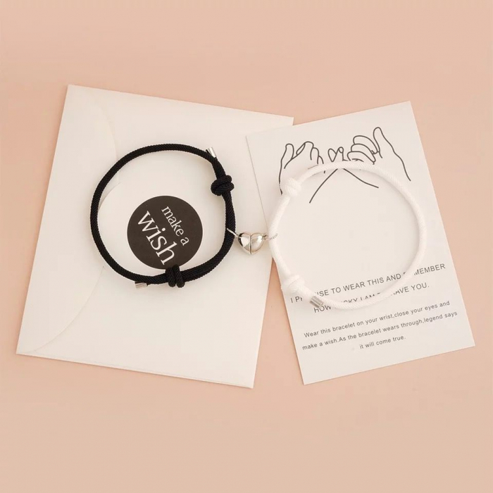 Set doua bratari cu pandantiv magnetic, Heart Shaped, reglabile, alb si negru [4]