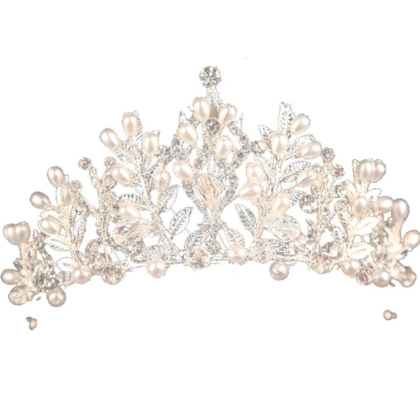 Tiara mireasa eleganta cu perle artificiale si cristale,  CRM, coroana argintie pentru nunta [5]