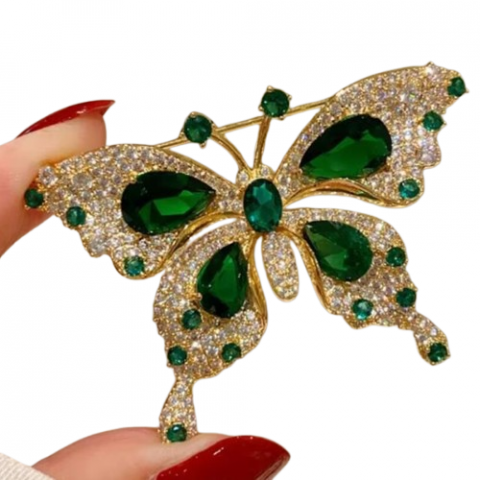 Accesorii vestimentare - Accesoriu decorativ pentru femei, CRM, brosa eleganta model fluture, verde/auriu