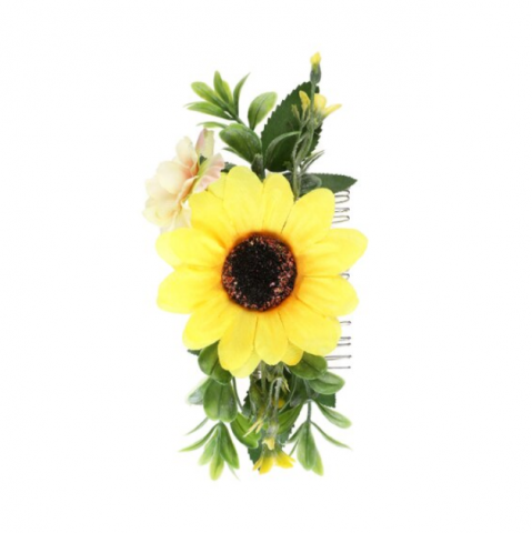 Accesoriu Elegant Pentru Par, CRM, Pieptene Decorativ cu Flori, Galben si Verde, 17 cm [2]