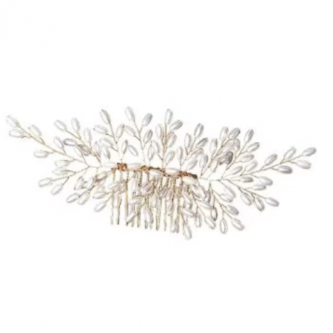 Accesoriu elegant pentru par, model perlat, CRM, tip piaptan, alb-auriu [1]