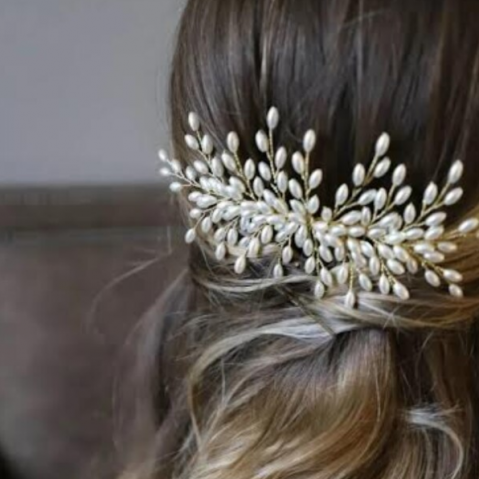 Accesoriu elegant pentru par, model perlat, CRM, tip piaptan, alb-auriu [3]
