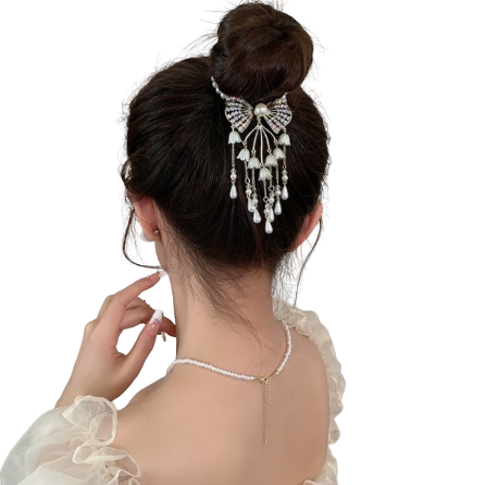 Accesorii pentru cap si par - Agrafă elegantă de păr cu perle și cristale, CRM, cu fundă și ciucuri, accesorii zilnice sau ocazii speciale