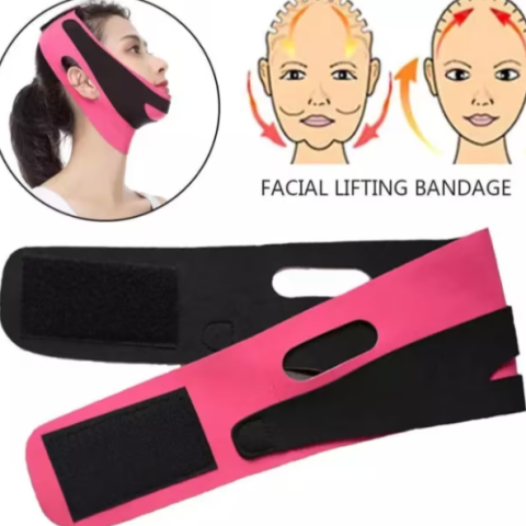 Banda pentru sustinerea barbiei, CRM, elastica, ajustabila, pentru contur facial, roz/negru [2]
