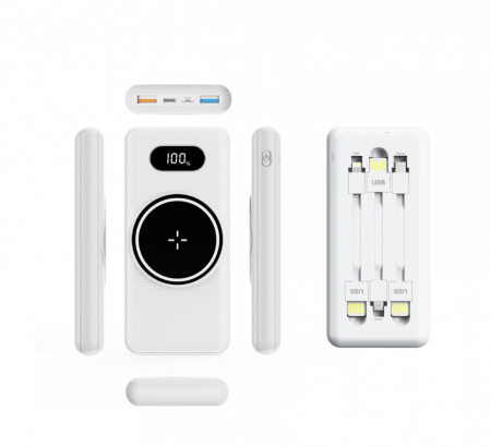 Baterie externa, powerbank cu incarcare Wireless Fast Charge, cabluri triple incorporate, neagra, 12000mAh [9]