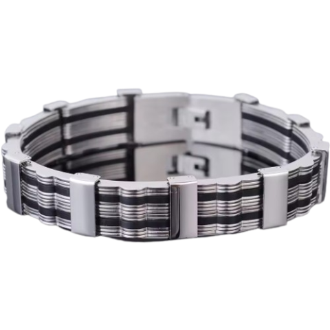 Fashion - Bratara Barbati, CRM, Otel Inoxidabil, Design Modern cu Insertii Negre, Inchidere Tip Clapeta, Negru-Argintiu, 21 cm