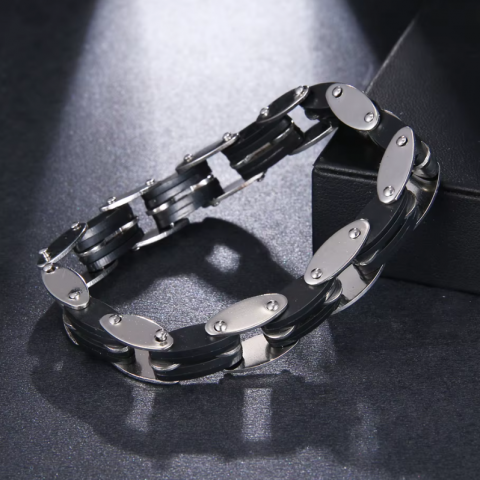 Bratara Biker pentru Barbati, CRM, flexibila, negru/argintiu, 20 cm [4]