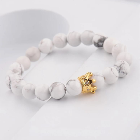 Bratara eleganta, CRM, margele howlite alb/gri, coroana decorativa, elastica [1]