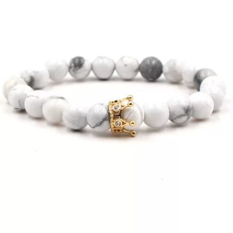 Bratari - Bratara eleganta, CRM, margele howlite alb/gri, coroana decorativa, elastica