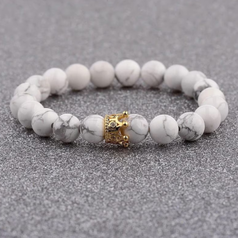 Bratara eleganta, CRM, margele howlite alb/gri, coroana decorativa, elastica [2]