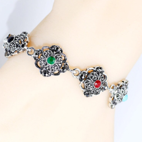 Bratara eleganta dama, CRM, model floral 7cristale, etnic, argintiu, 18 cm [4]