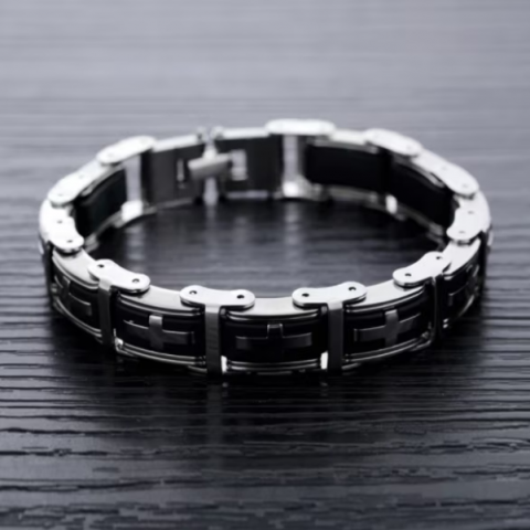 Brățară Elegantă pentru Bărbați, Design Cruce, Negru/Argintiu, 22 cm [4]