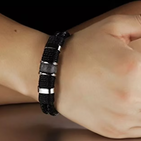 Bratara impletita pentru barbati, cu accesorii si inchidere din otel inoxidabil, CRM, negru/argintiu, 21.5 cm [2]