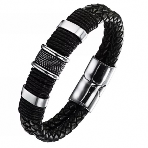 Bratara impletita pentru barbati, cu accesorii si inchidere din otel inoxidabil, CRM, negru/argintiu, 21.5 cm