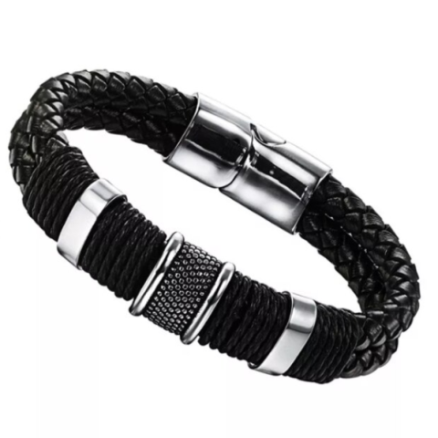 Bratara impletita pentru barbati, cu accesorii si inchidere din otel inoxidabil, CRM, neagru/argintiu, 21.5 cm [4]