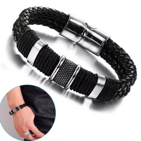 Fashion - Bratara impletita pentru barbati, cu accesorii si inchidere din otel inoxidabil, CRM, neagru/argintiu, 21.5 cm