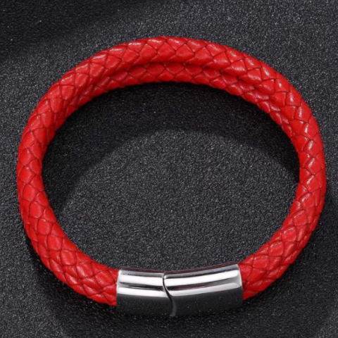 Bratara Unisex, CRM, Piele Impletita, Magnetica, Rosu, Accesoriu Casual, 20.5 cm [3]