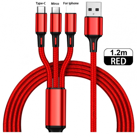 Cablu de incarcare LightningUSB-CMicro USB, Flash 3in1, 1.2m, 5A, rosu [1]
