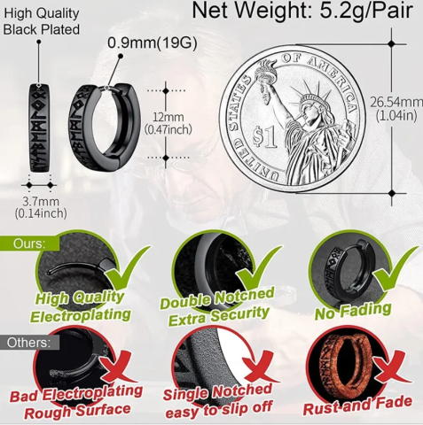 Cercei bărbați, ADM, Dark Viking - oțel inoxidabil, stil retro/gotic [2]