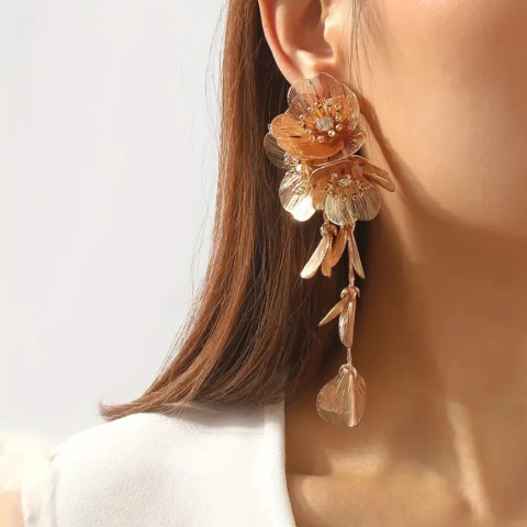 Cercei deLux Floral, CRM, Statement cu Franjuri Elegante pentru Femei, Auriu [3]