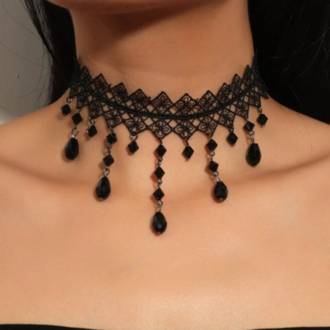 Choker Dantelat, Model Deosebit, CRM, Negru, Textil [4]