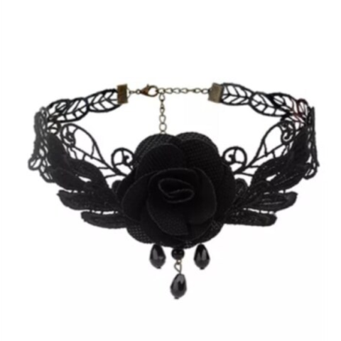 Choker elegant, brodat, model trandafir, CRM, textil, negru [2]