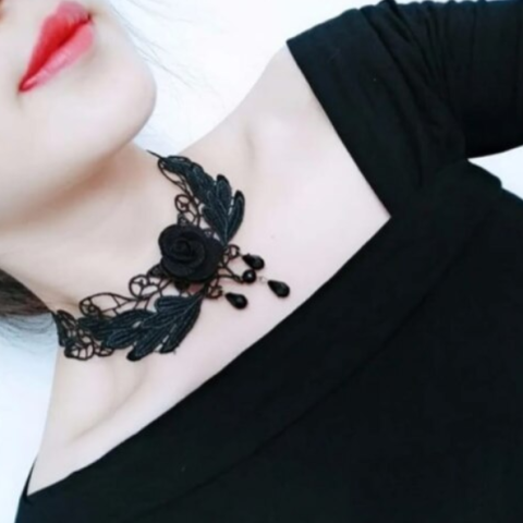 Choker elegant, brodat, model trandafir, CRM, textil, negru [3]