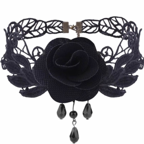 Choker elegant, brodat, model trandafir, CRM, textil, negru