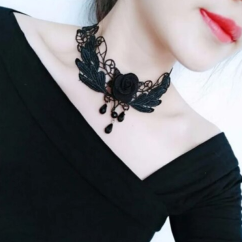 Choker elegant, brodat, model trandafir, CRM, textil, negru [1]
