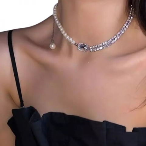 Choker Femei, CRM, Strass și Perle, Argintiu